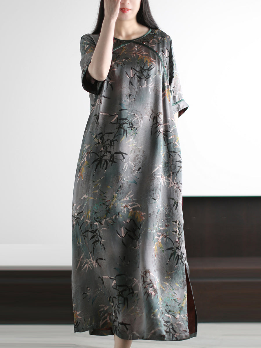 Women Summer Artsy Bamboo O-Neck Silk Loose Dress