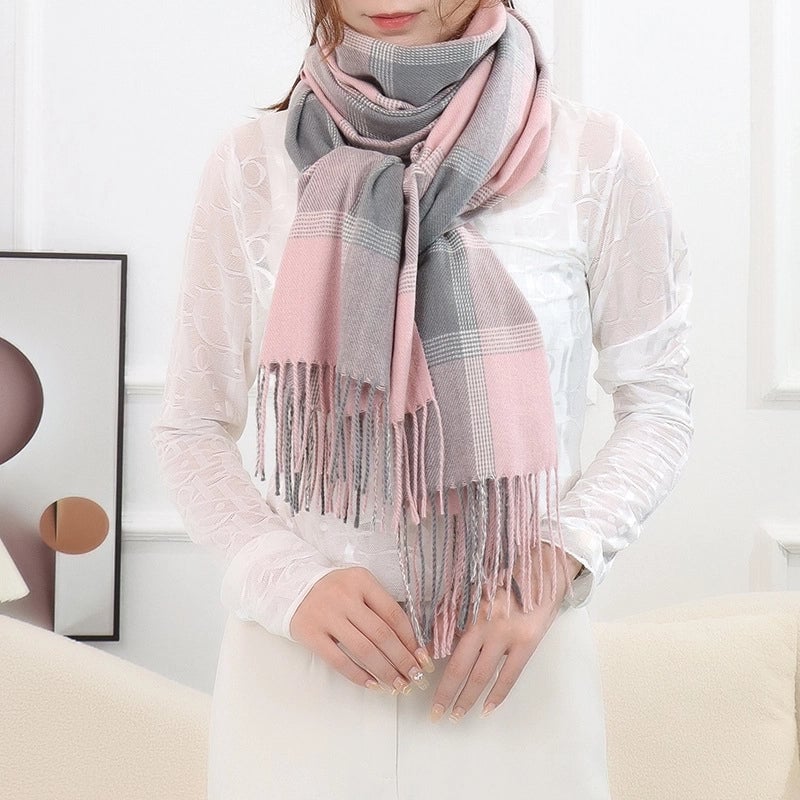 New Cashmere Scarf Women's Double Plaid Shawl Autumn And Winter Warm Tassel Long Couple Scarf