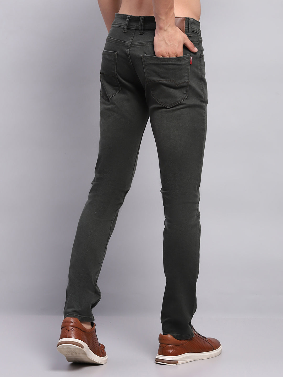 Men Olive Solid Skinny Fit Denim