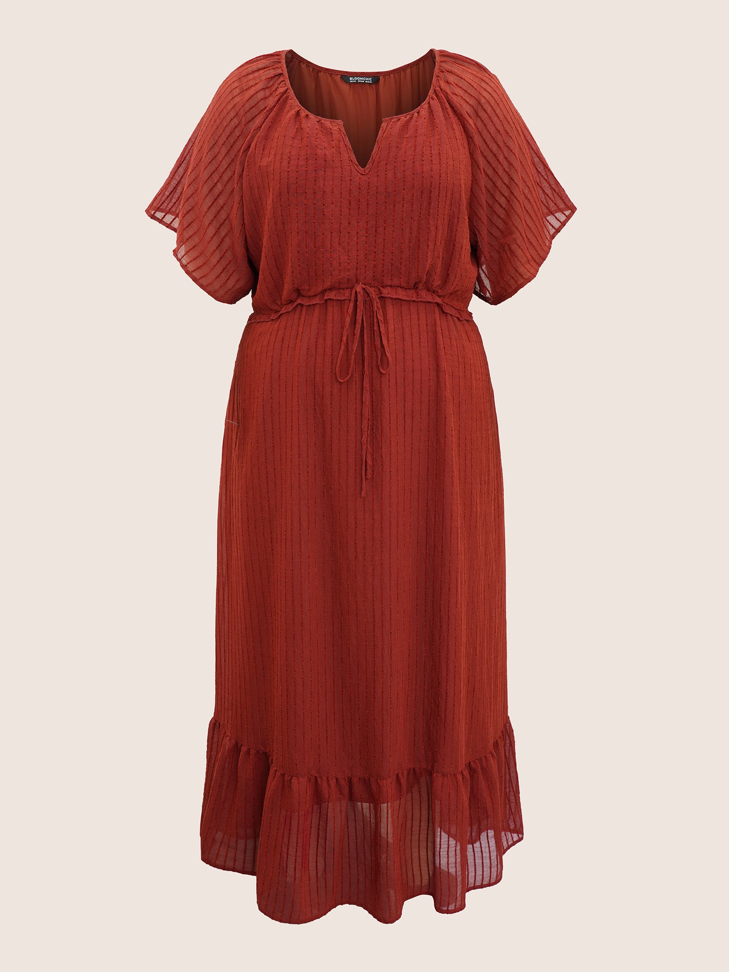 Solid Striped Notched Ties Up Pocket Flutter Maxi Dress