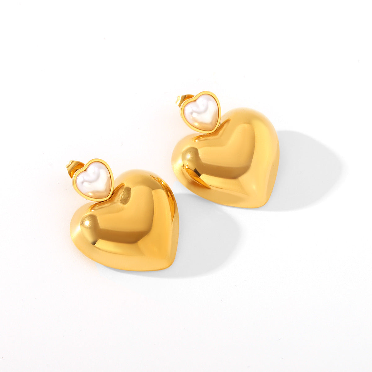 Stainless Steel Large Glossy Heart Earrings Design With Pearl Heart-Shaped Earrings For Women