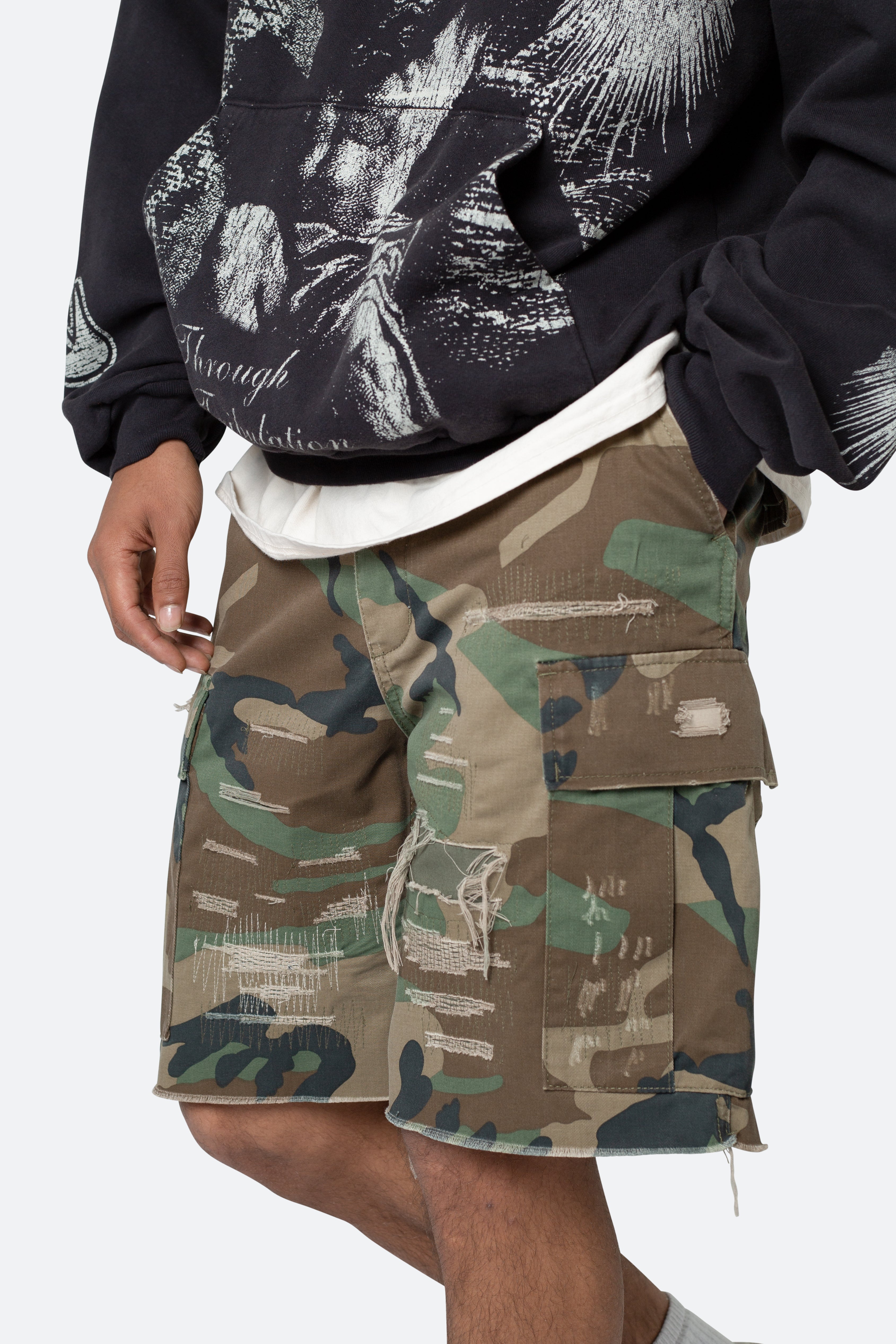 Distressed Cargo Shorts - Camo