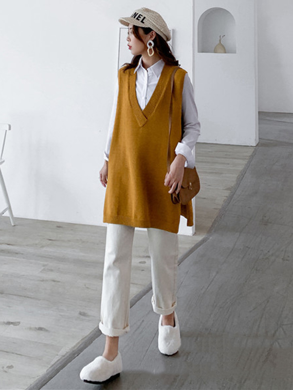 Trendy Sleeveless Split-Side Solid Color V-Neck Knitted Vest