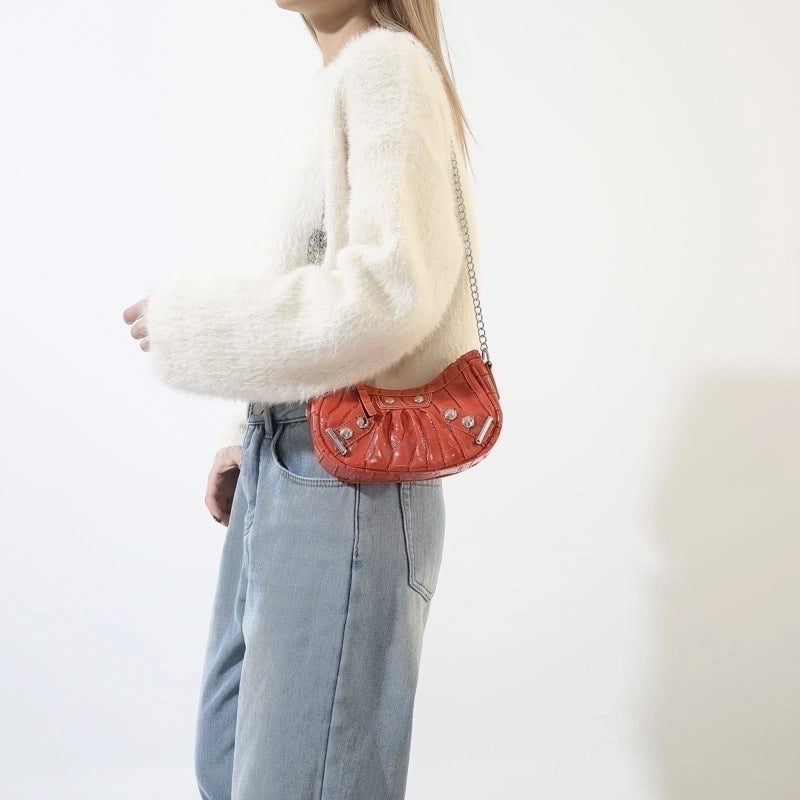 Women's Pu Leather Solid Color Classic Style Sewing Thread Dumpling Shape Zipper Shoulder Bag