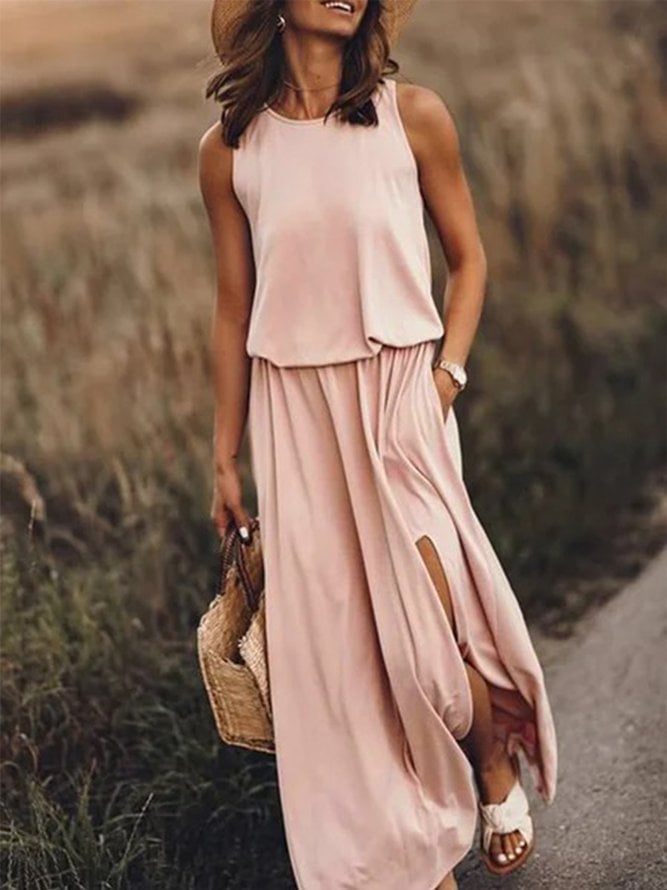 🔥Summer Hot Sales - 49% OFF👗Women Sleeveless Solid Round Neck Summer Maxi Dress