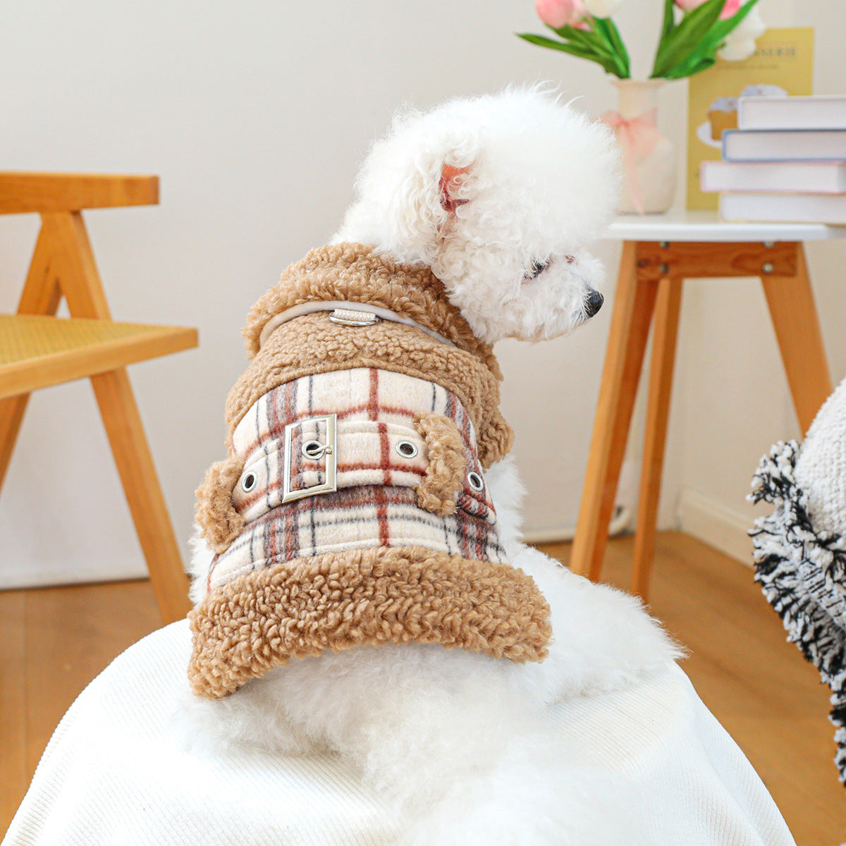 Plaid Pattern Belt Fleece Warm Dog Harness Jacket