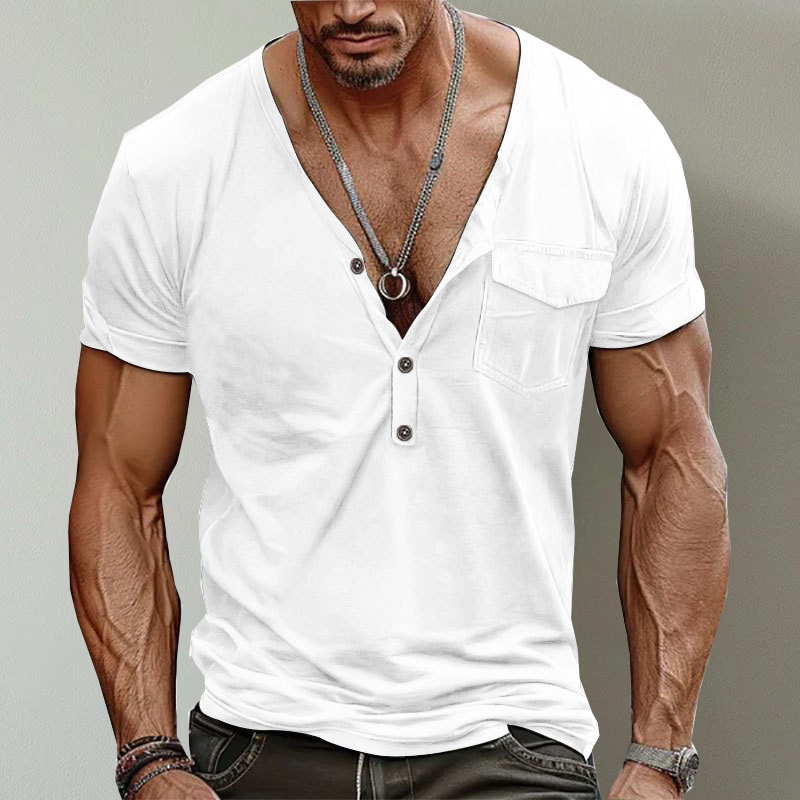 Casual V-Neck Solid Color Single Pocket Short-Sleeved T-Shirt