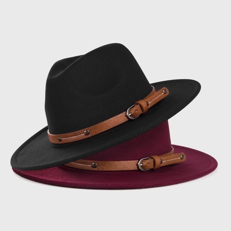 Retro Woolen Hats For Men And Women Belt Metal Buckle Felt Hat Simple Big Brim Jazz Hat
