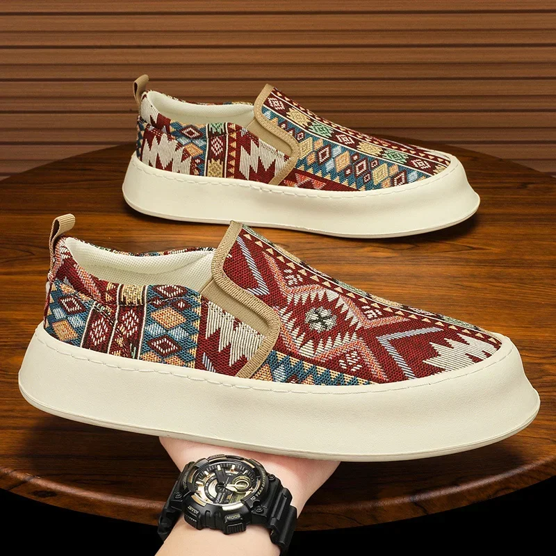 flats Ethnic Style Print Canvas Shoes for Men Designer Platform Loafers Breathable Casual Sneakers Slip-On Men's Espadrilles Shoes