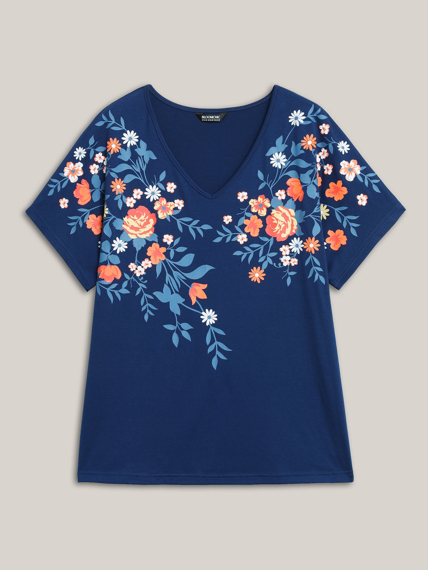 V Neck Floral Print Stretchy T-Shirt