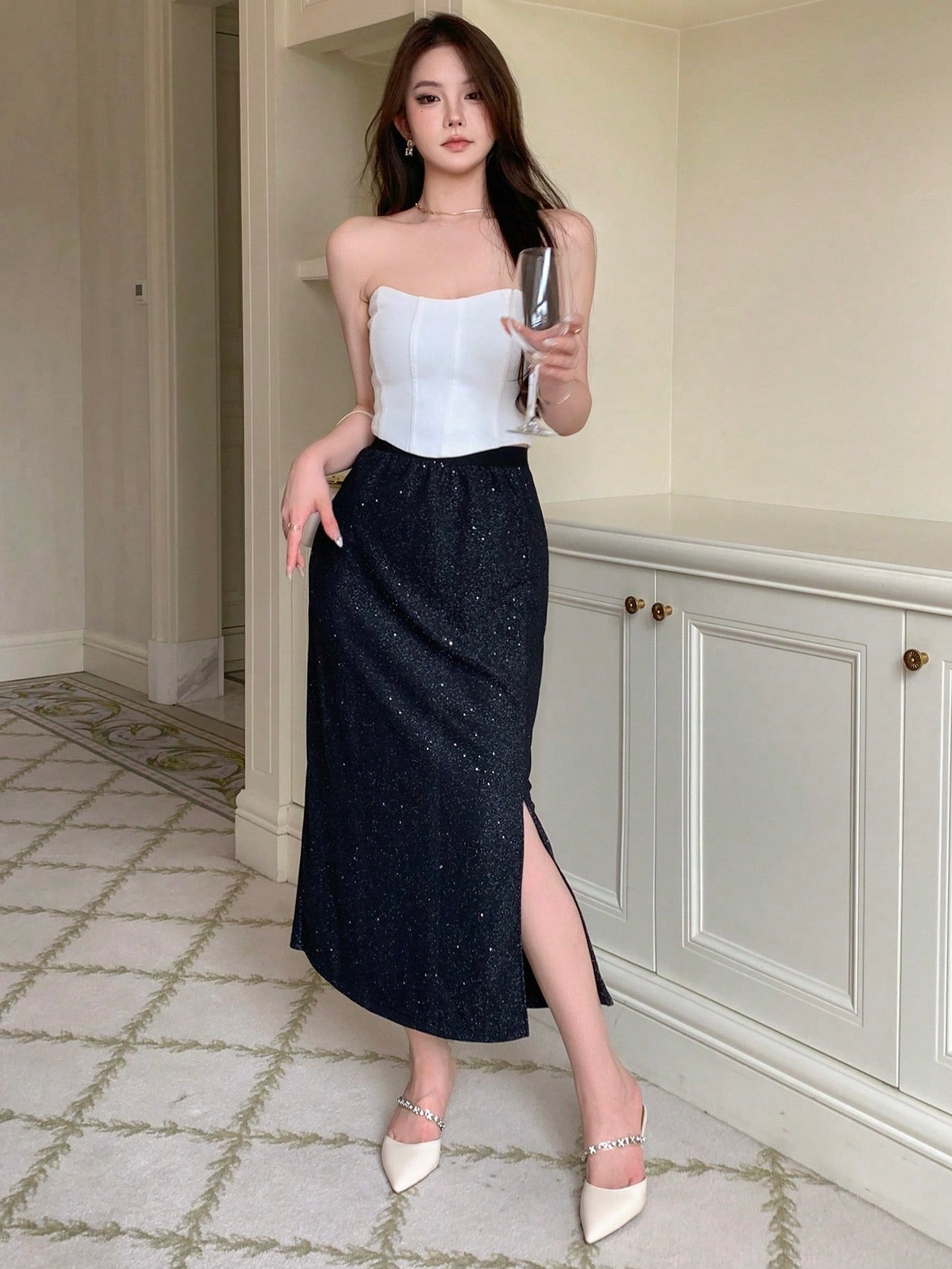 Parien Solid Split Thigh Glitter Skirt
