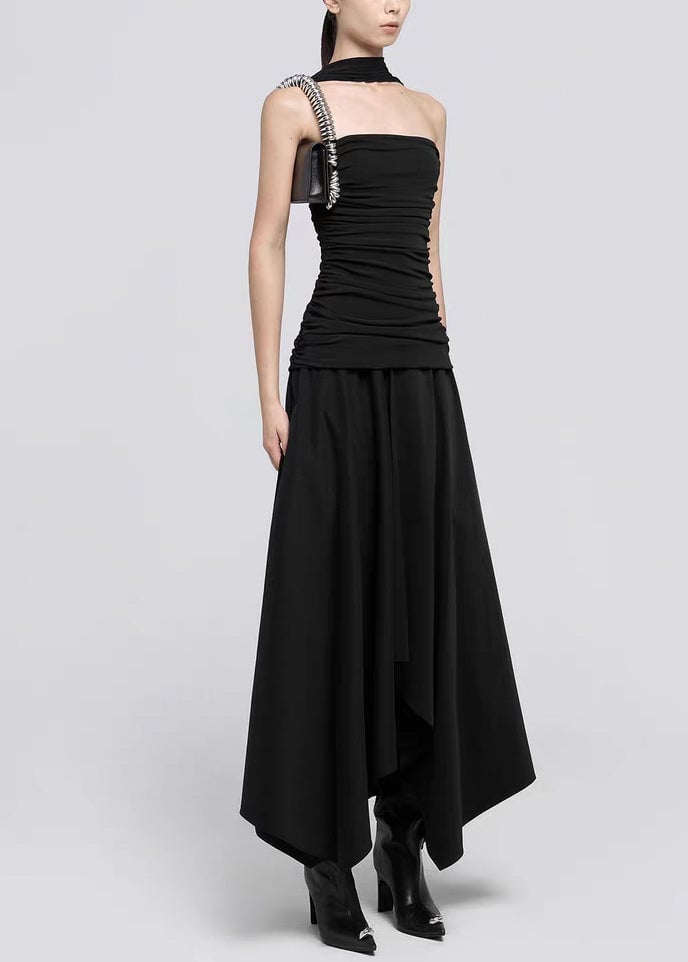 Italian Black Wrinkled Solid Cotton Long Dress Sleeveless
