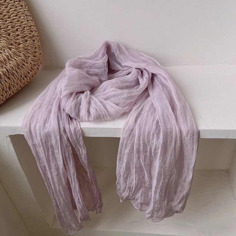 Pleated Retro Silk Scarf Women's Spring And Autumn Artistic Nostalgic Tie-Dye Scarf High-grade Solid Color Decorative Casual Scarf