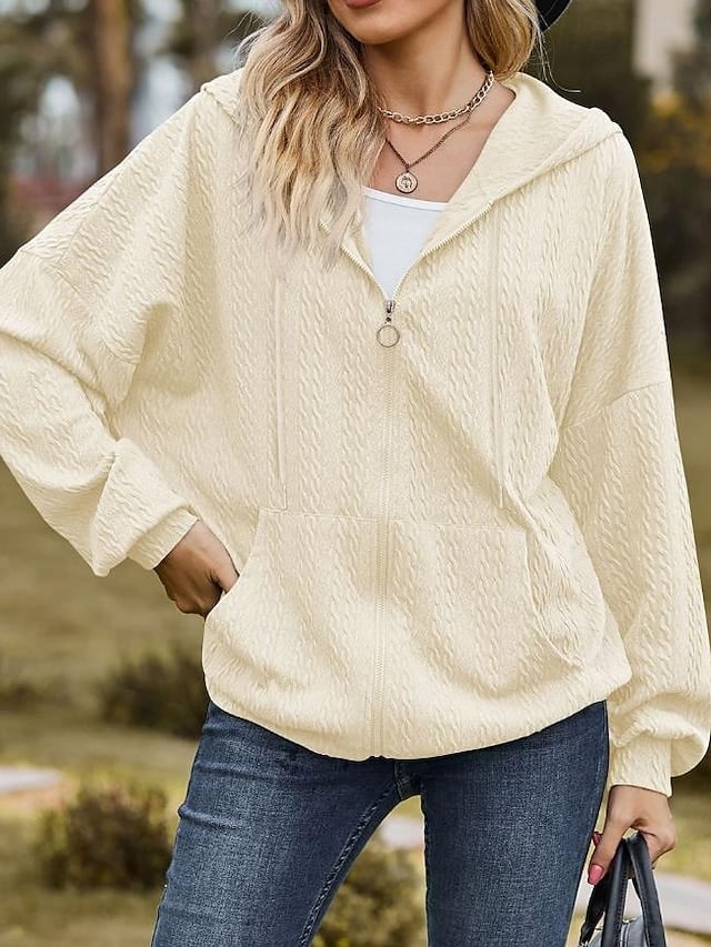 Women's Zip Up Hoodie Sweatshirt Plain Dailywear Sports Zipper Pocket White Red Blue Modern Loose Fit Hooded Long Sleeve Micro-elastic Fall Winter