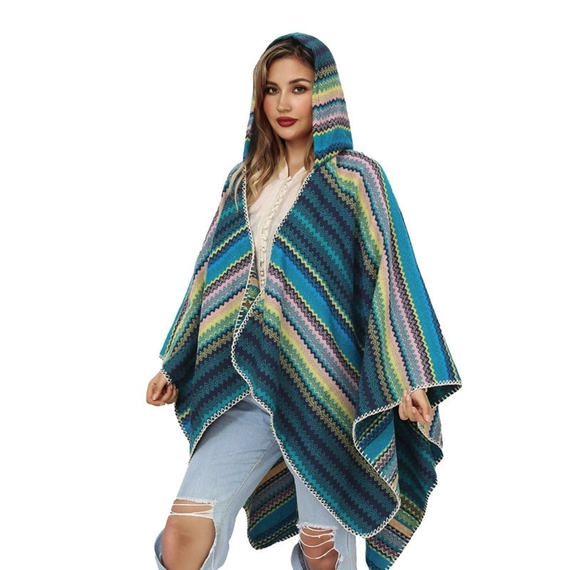 Thick Hat Cape Shawl Autumn And Winter Warm Striped Knitted Shawl Woven Split Cape For Women