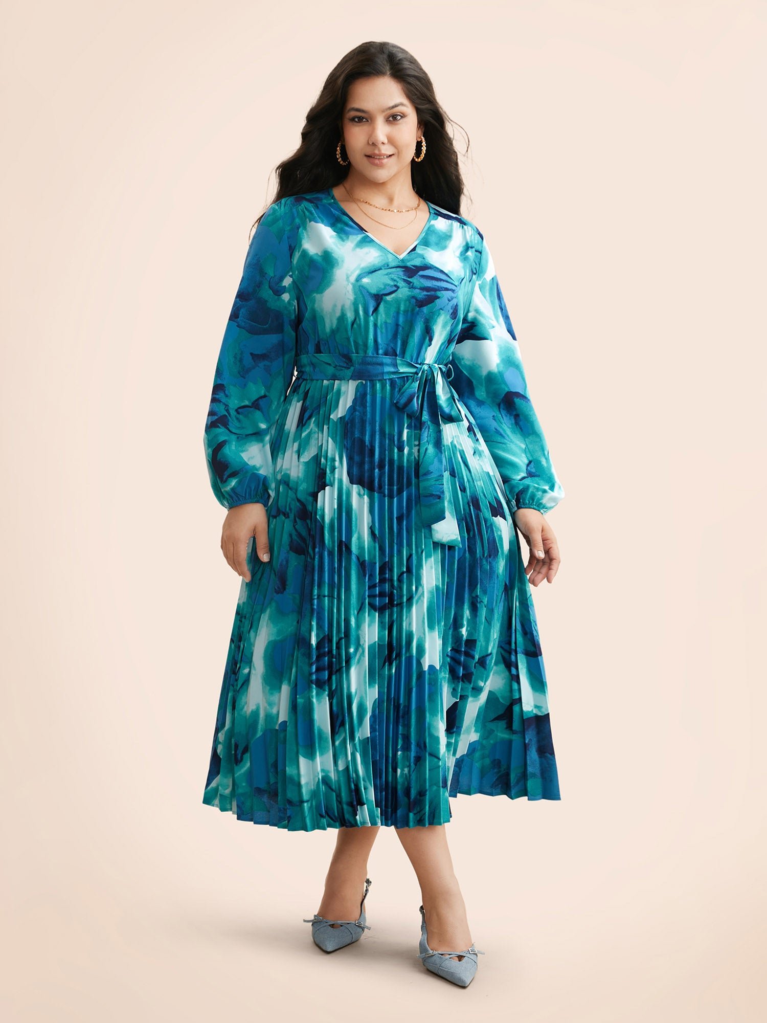 Watercolor Floral Pleated Belted Dress