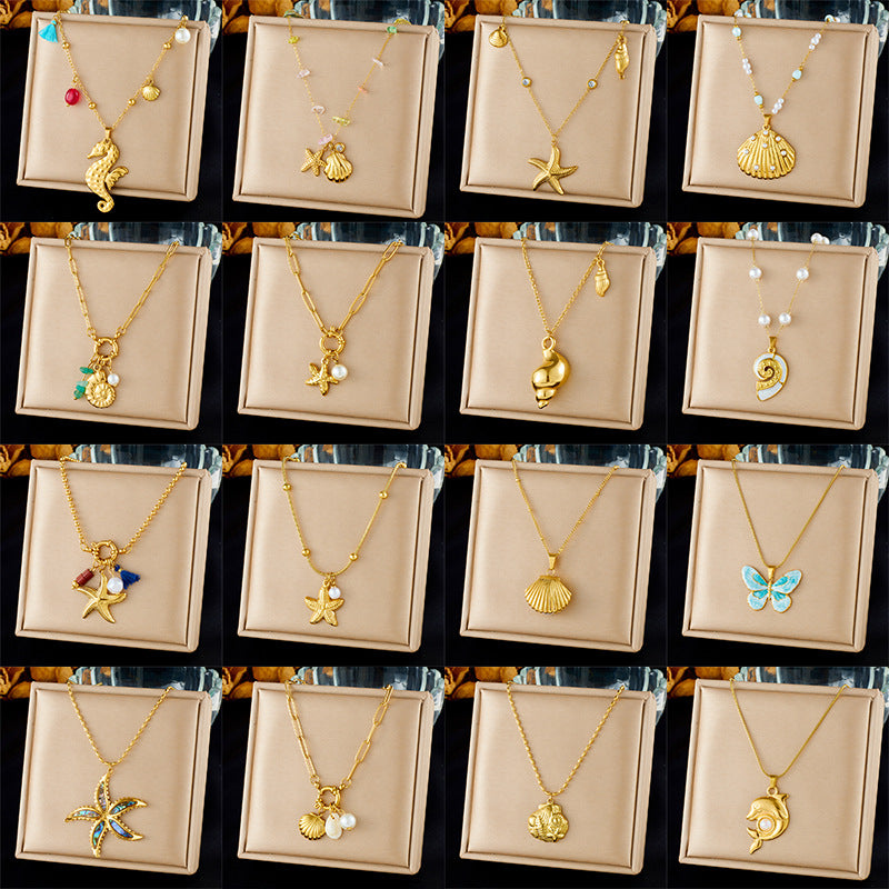 Fashion Ocean Series Accessories Pendant Gold-Plated Stainless Steel Starfish Shell Multi-Element Oil Drop Butterfly Necklace