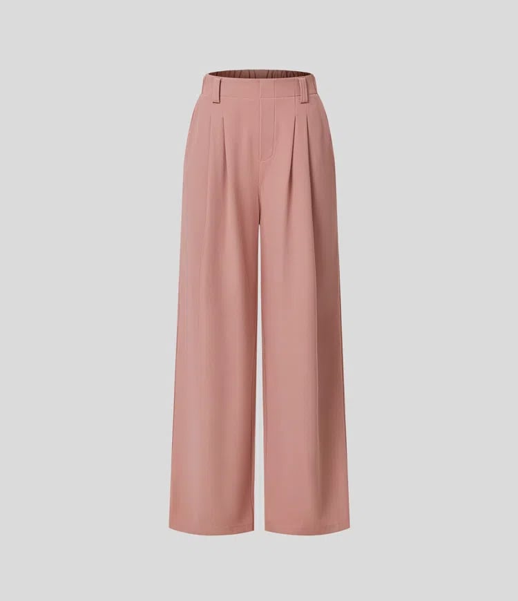 High Waisted Plicated Side Pocket Wide Leg Waffle Work Pants