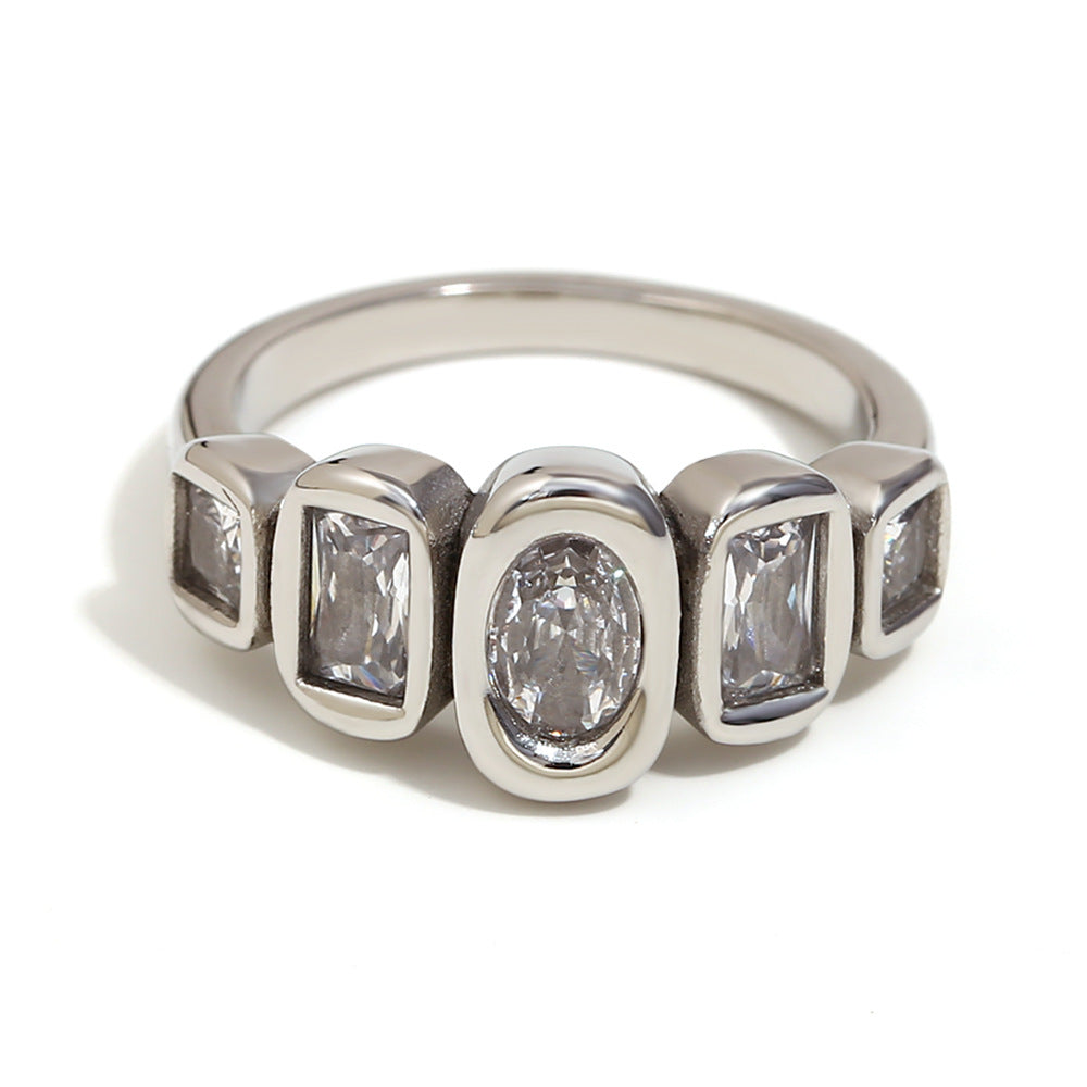 Ins Niche Design High-End Jewelry 316L Stainless Steel Plated 18K Gold Geometric Zircon Arrangement Ring