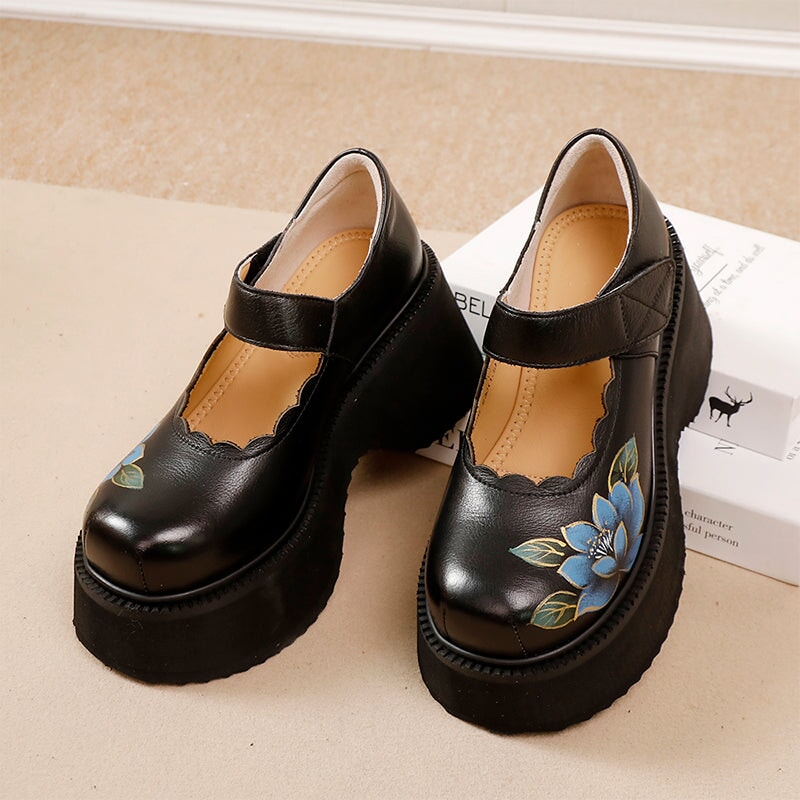 Retro Cowhide Leather Mary Jane 70mm Platform Shoes with Floral Print in Black
