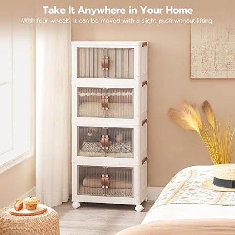 Foldable Storage Cabinet 4 Layer. Stackable Portable Storage Cabinet with Movable Wheels