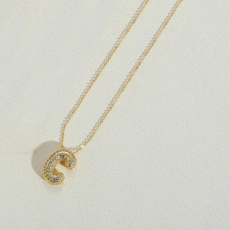 Copper 14K Gold Plated Minimalist Inlay Letter Zircon Pendant Necklace