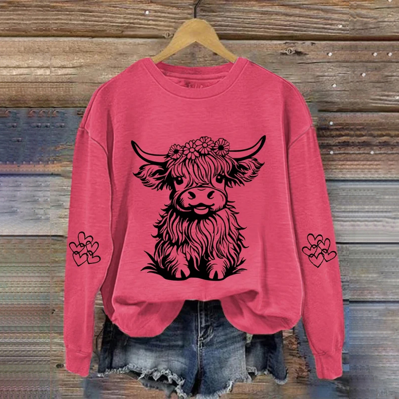 Floral Highland Cow Print Sweatshirt