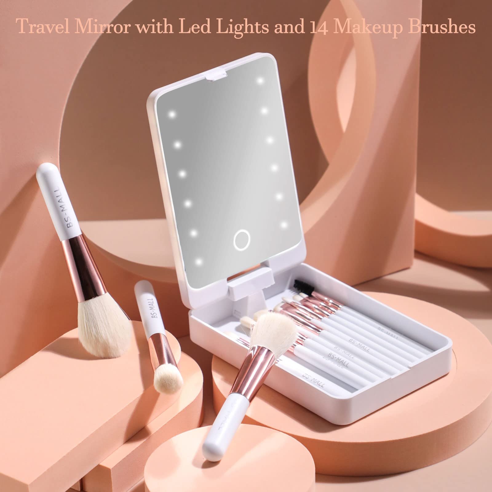 ✨Travel Makeup Brush Set With LED Light Mirror (🔥14PCS Brushes And 🎁Free Makeup Sponge)