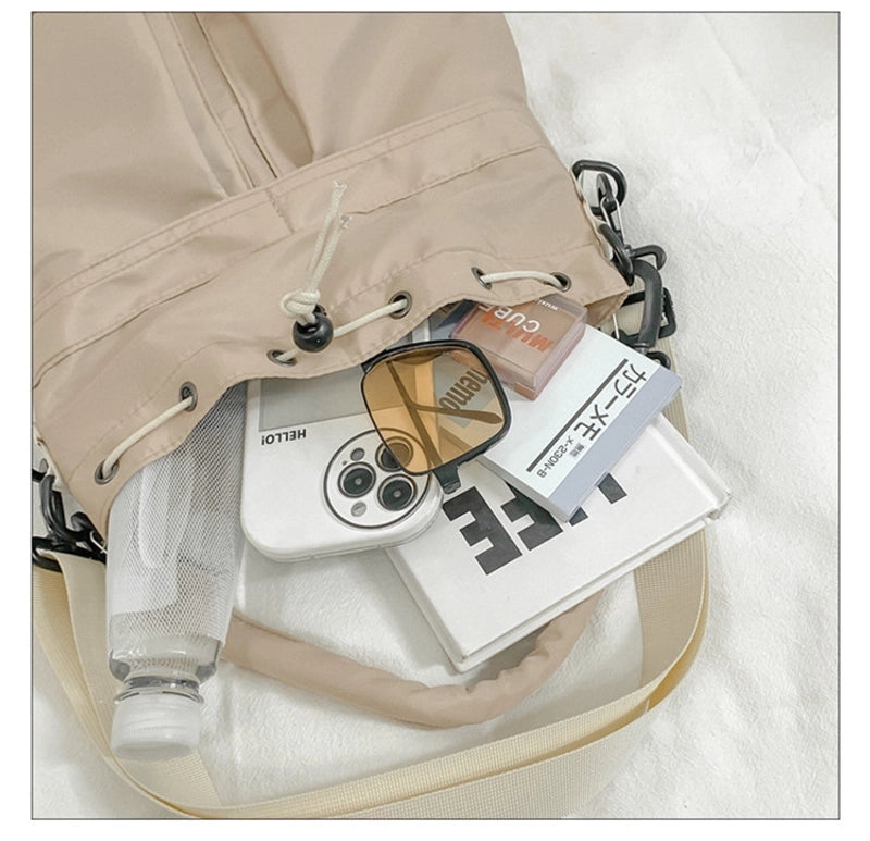 Women's Nylon Solid Color Classic Style Square String Shoulder Bag Bucket Bag