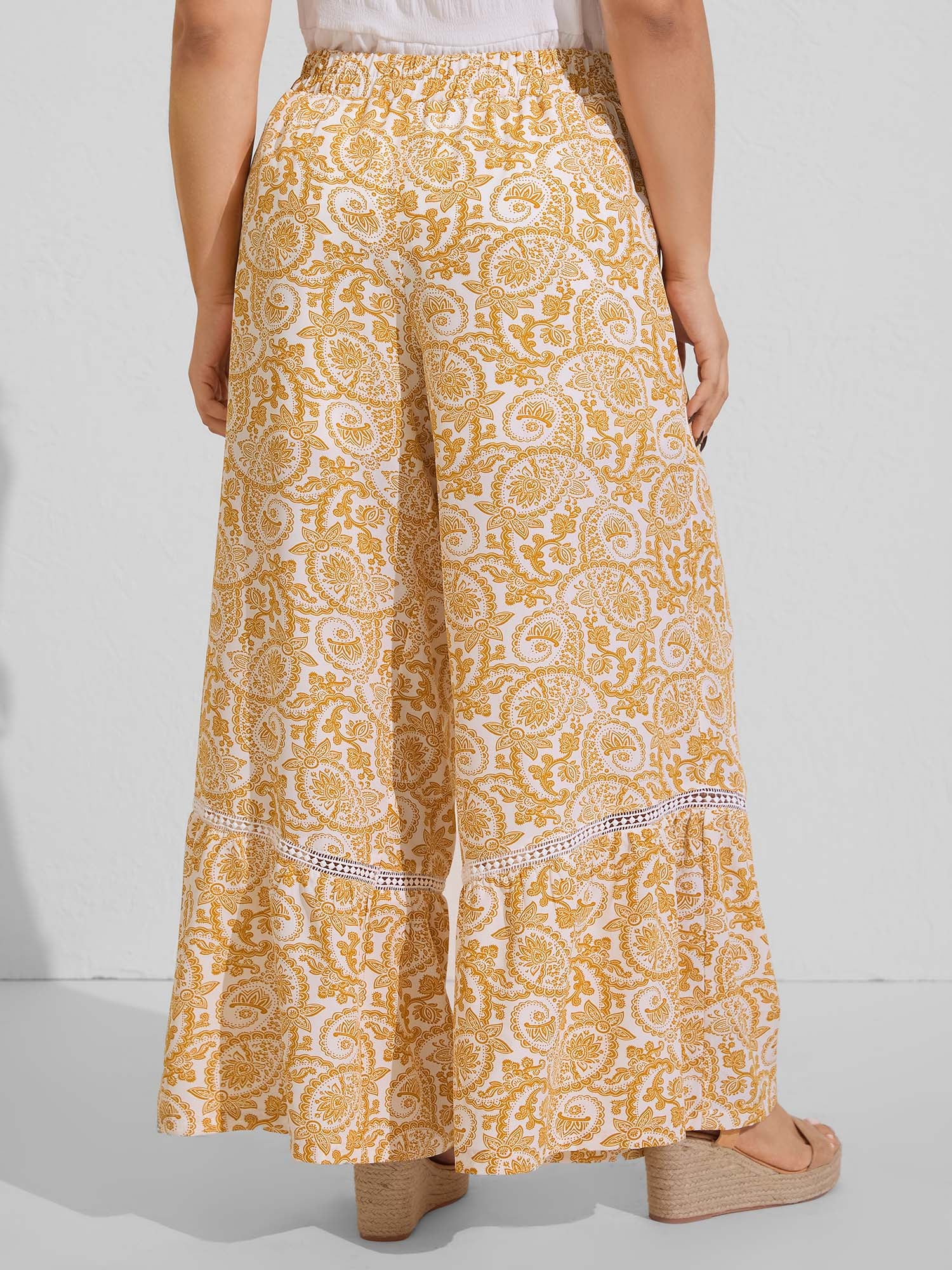 Paisely Print Lace Trim Wide-Leg Pants