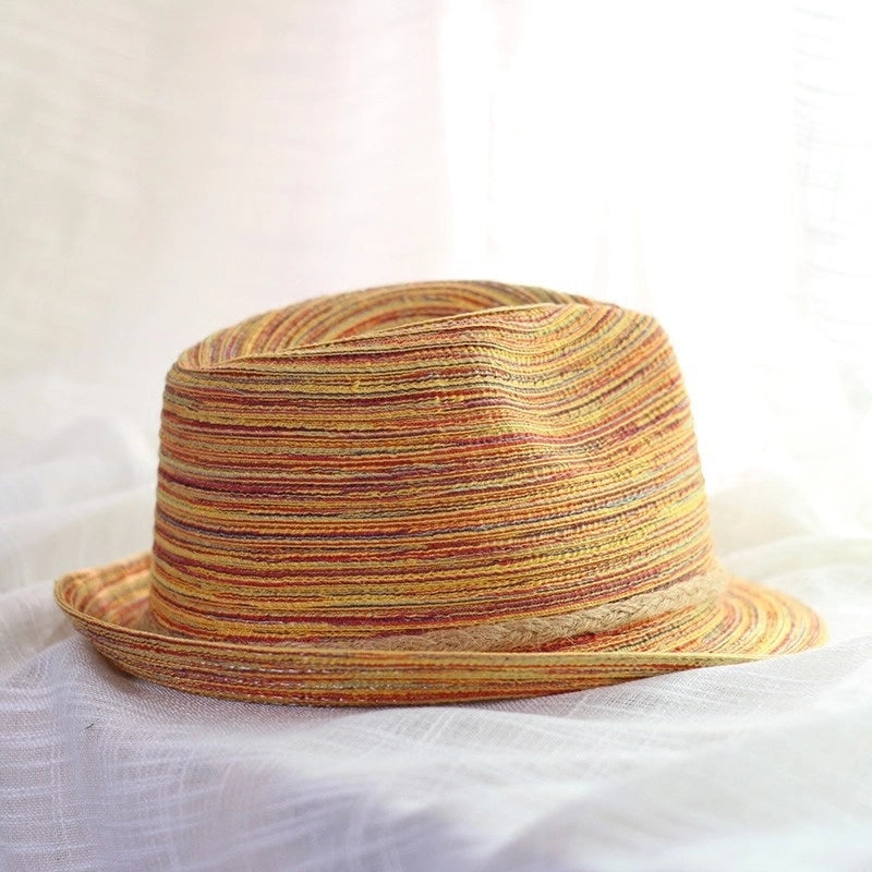 Women's  Color Striped Jazz Hat Spring And Summer Travel Curled Edge Small Rim Hat Sunshade Hat Sunscreen Small Topper Hat