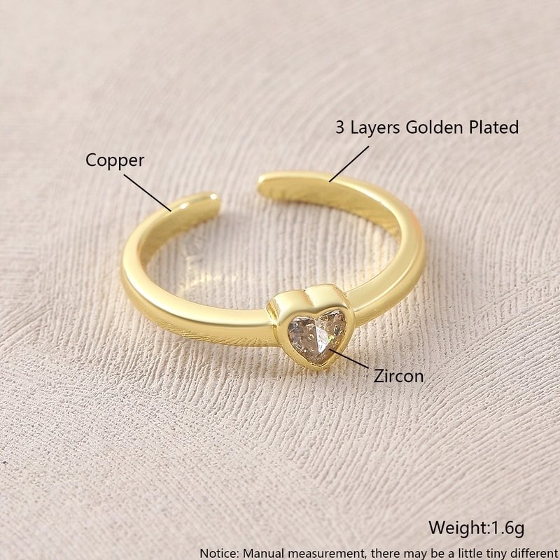 Copper 18K Gold Plated Gold Plated Plating Inlay Water Droplets Heart Shape Zircon Open Rings Rings