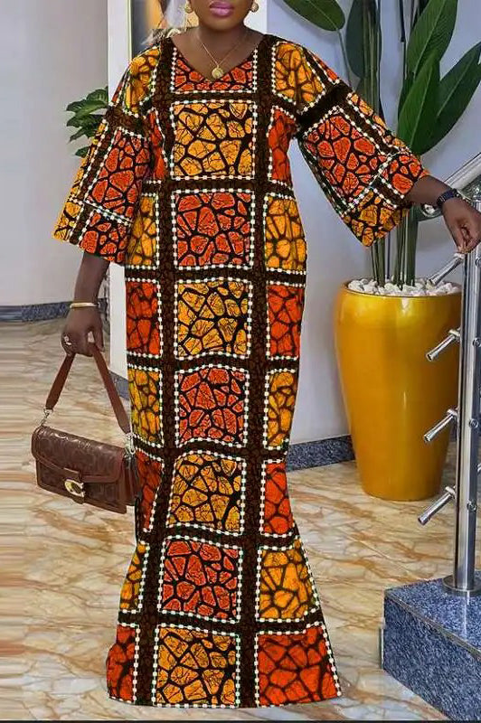 Vintage Plus Size V Neck Flare Sleeve Casual Printed Maxi Dress