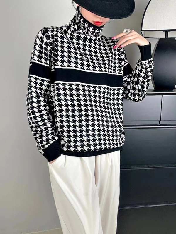 Long Sleeves Loose Contrast Color Houndstooth Split-Joint High Neck Pullovers Sweater Tops