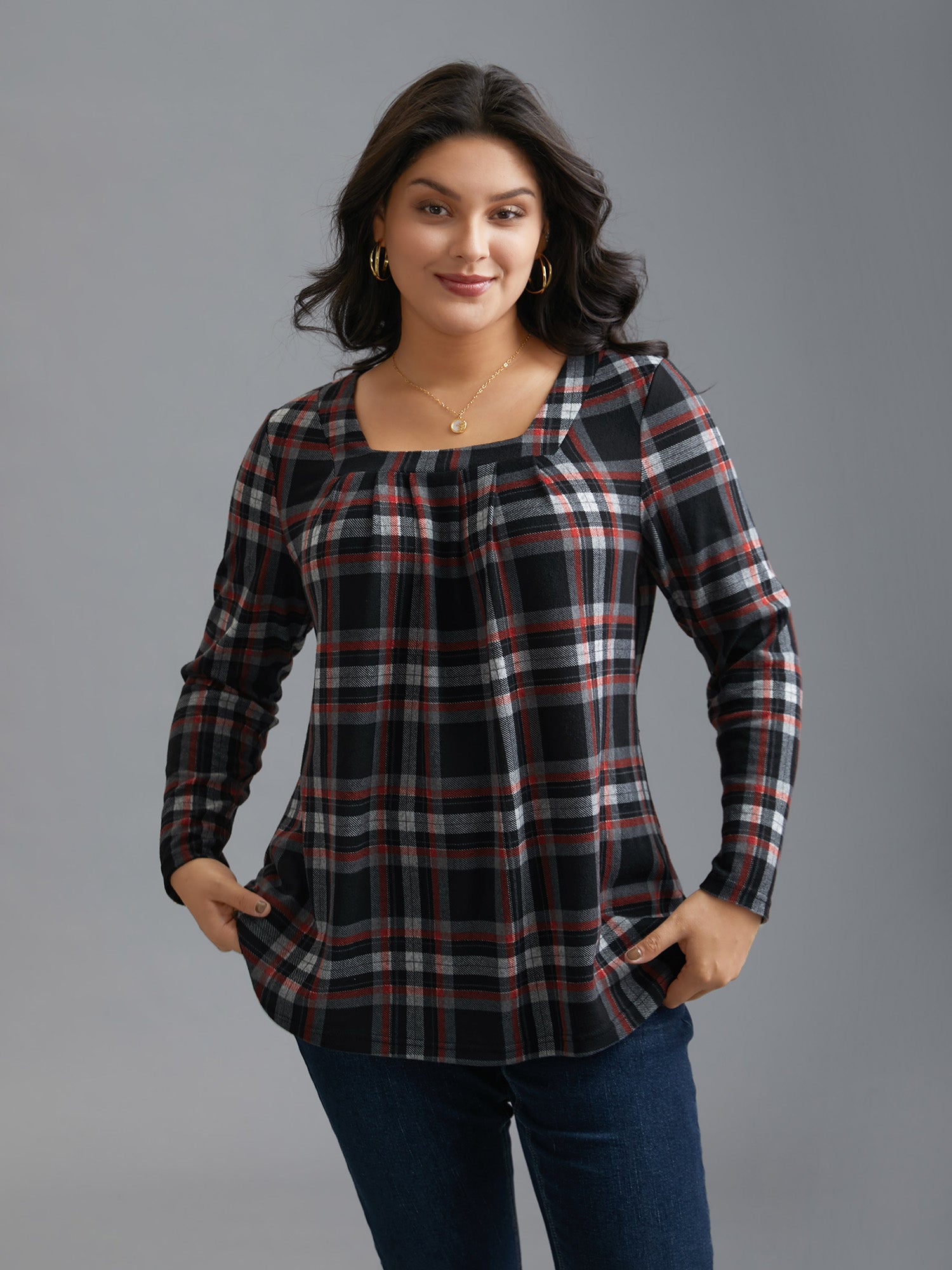 Plaid Pleated Square Neckline Knit Top