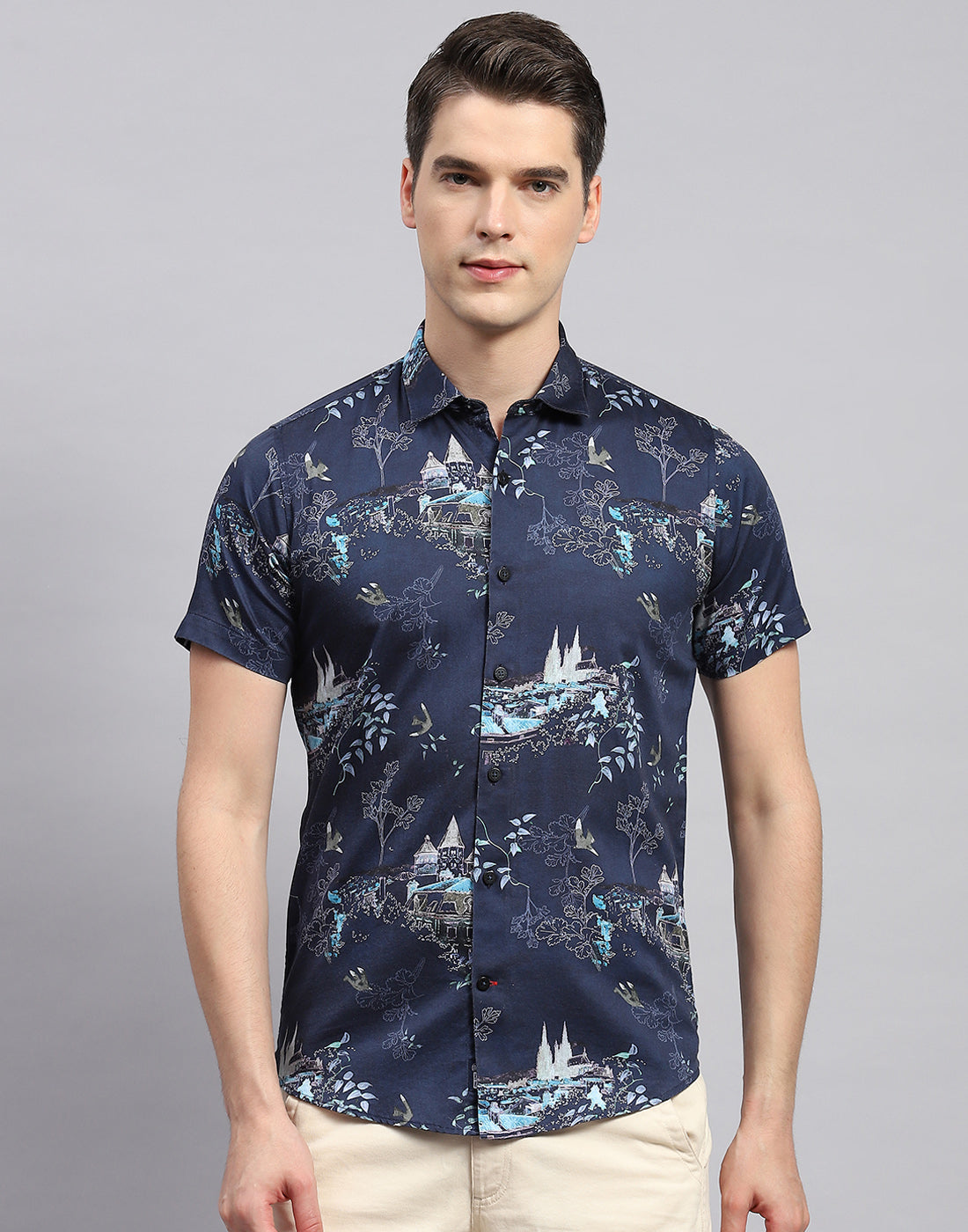 Men Navy Blue Printed Collar Neck Half Sleeve Shirt