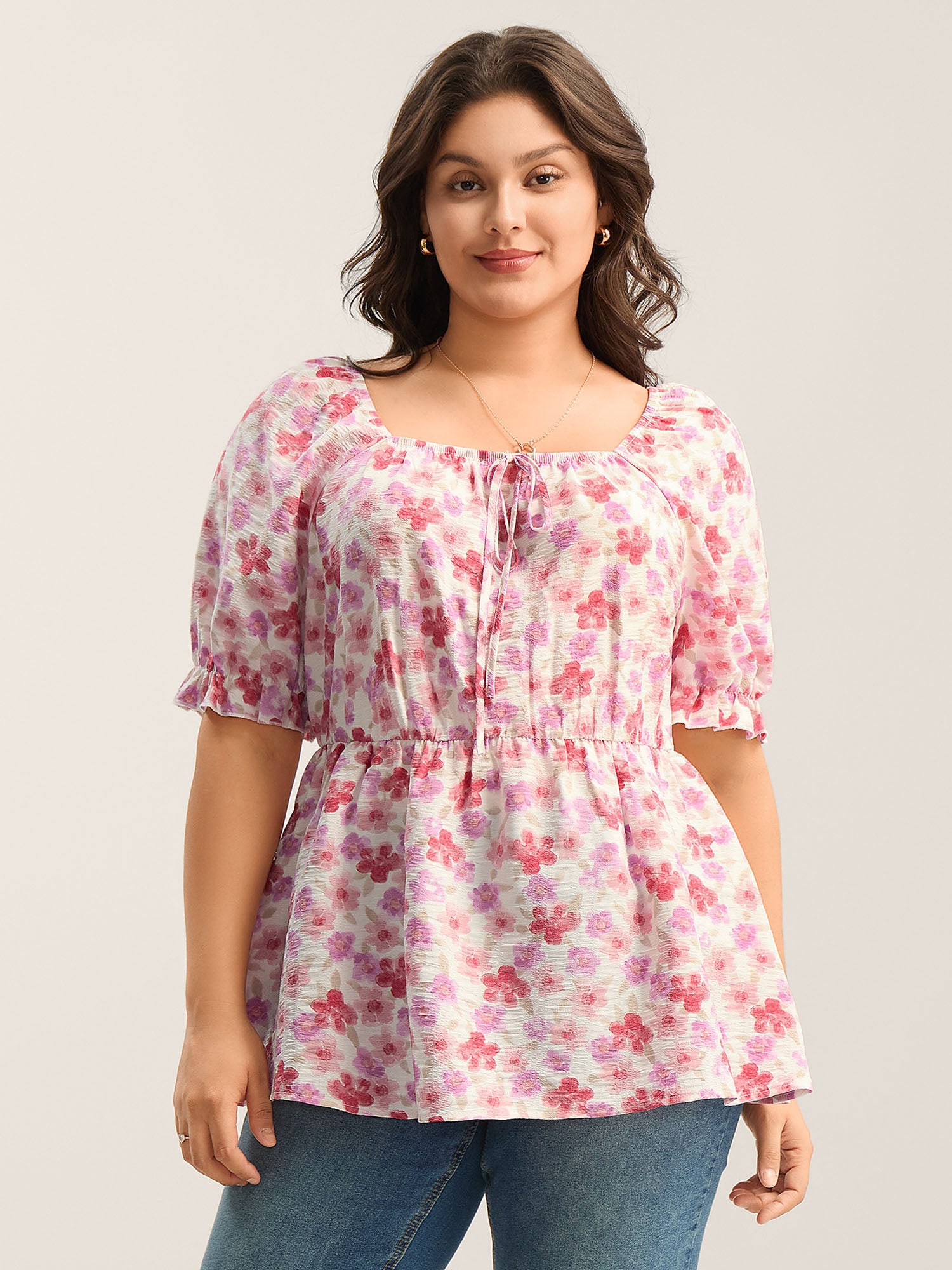 Floral Print Square Neck Tie Blouse