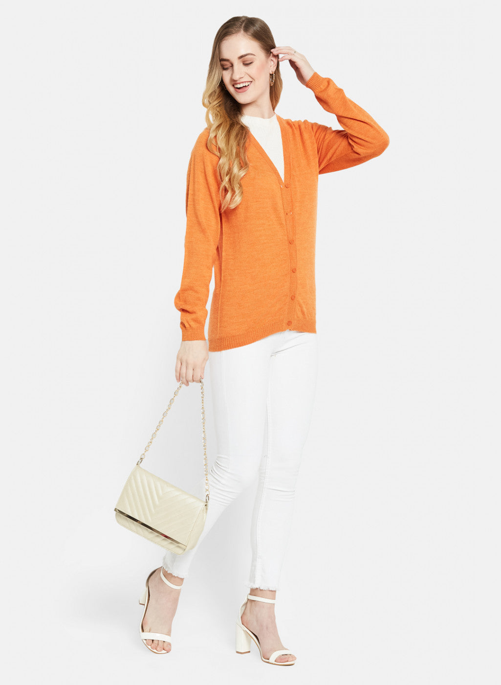 Women Orange Solid Cardigan