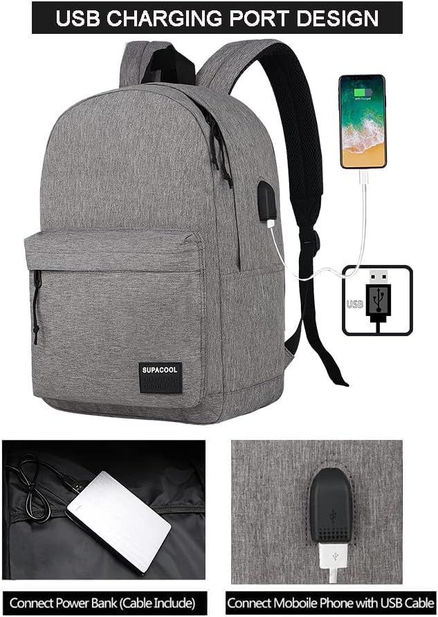 SUPACOOL Casual Laptop Backpack for Men and Women, School Backpack for Boys and Girls, College Bookbag, USB Charging Port, Lightweight Back Pack(Black)