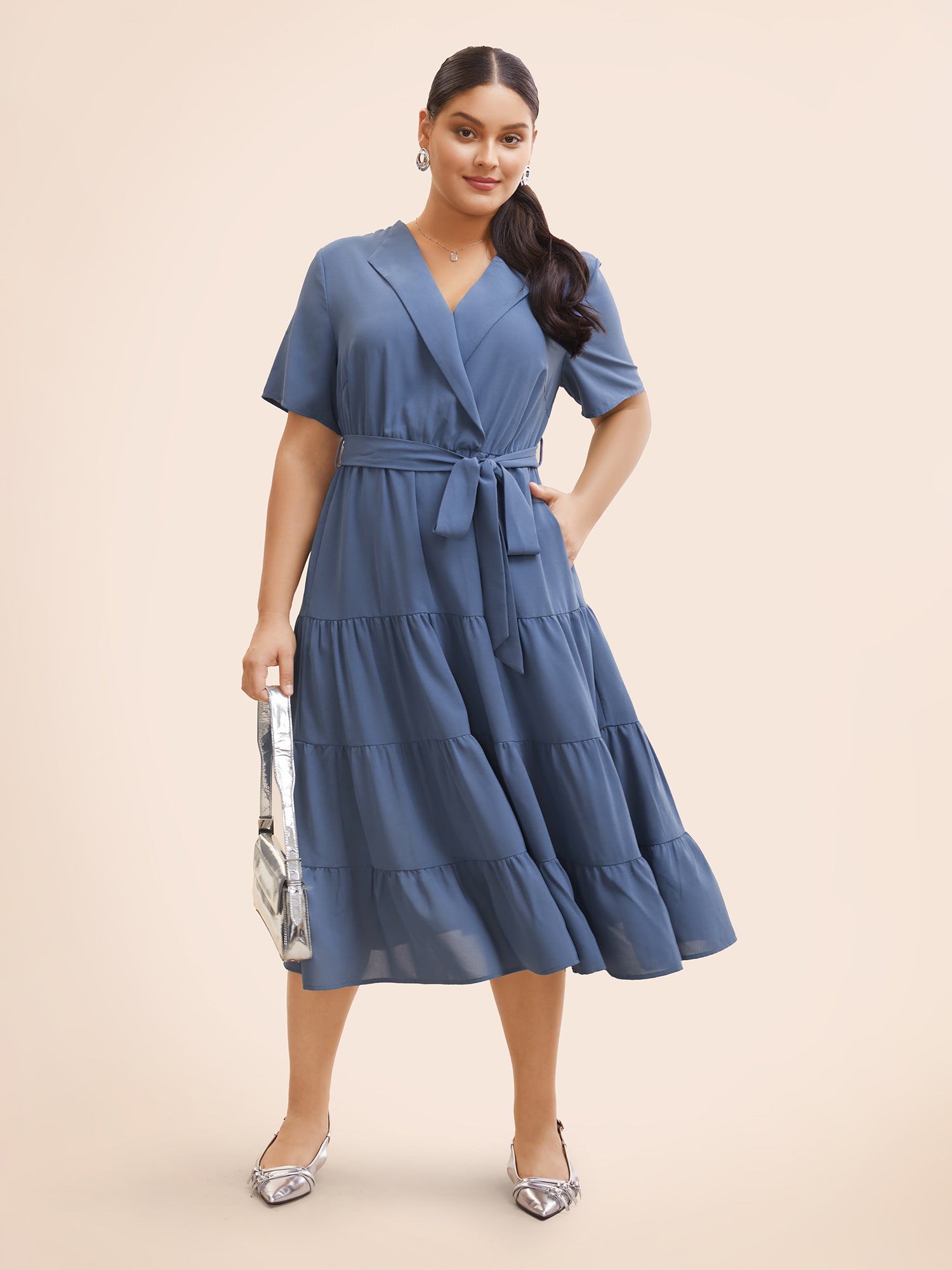 Suit Collar Ruffle Layered Hem Dress