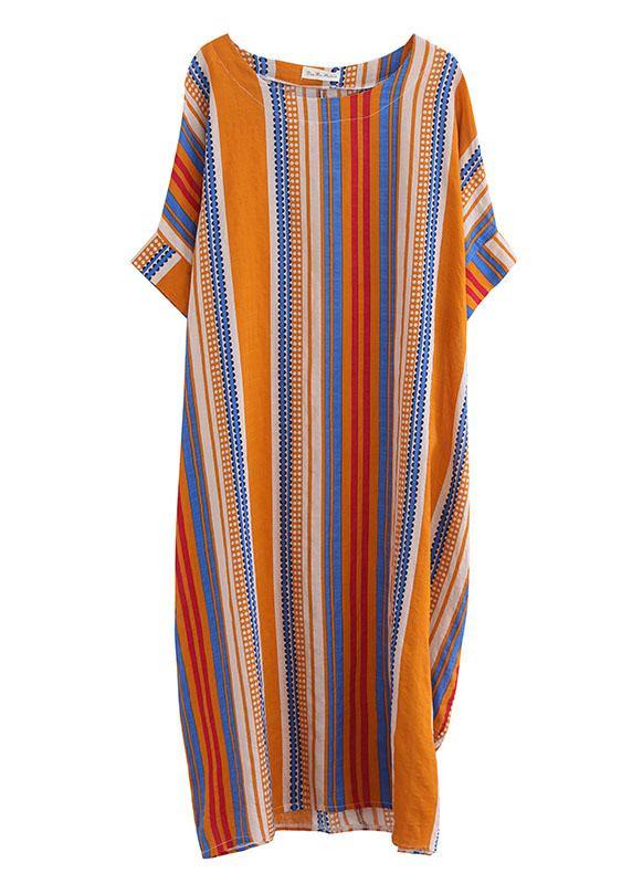 Plus Size Orange O-Neck Striped Summer Cotton Maxi Dresses