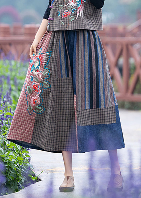 Vintage Blue Embroidered Floral Plaid Patchwork Elastic Waist A Line Skirt Summer