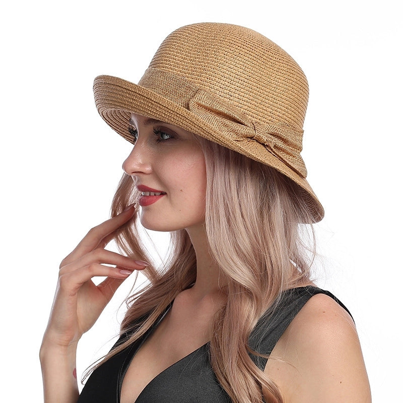Women's Casual Retro Solid Color Bowknot Crimping Straw Hat