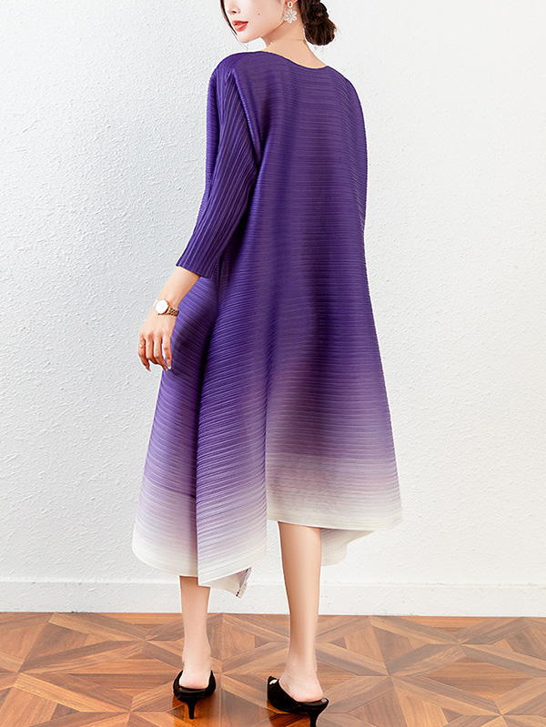 Original Long Sleeves Loose Pleated Gradient Round-Neck Midi Dresses