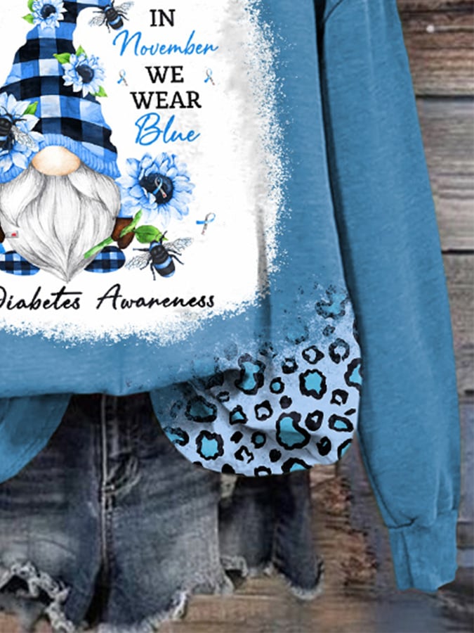 Retro Awarenes In November We Wear Blue Gnome Sunflower Print Hoodie