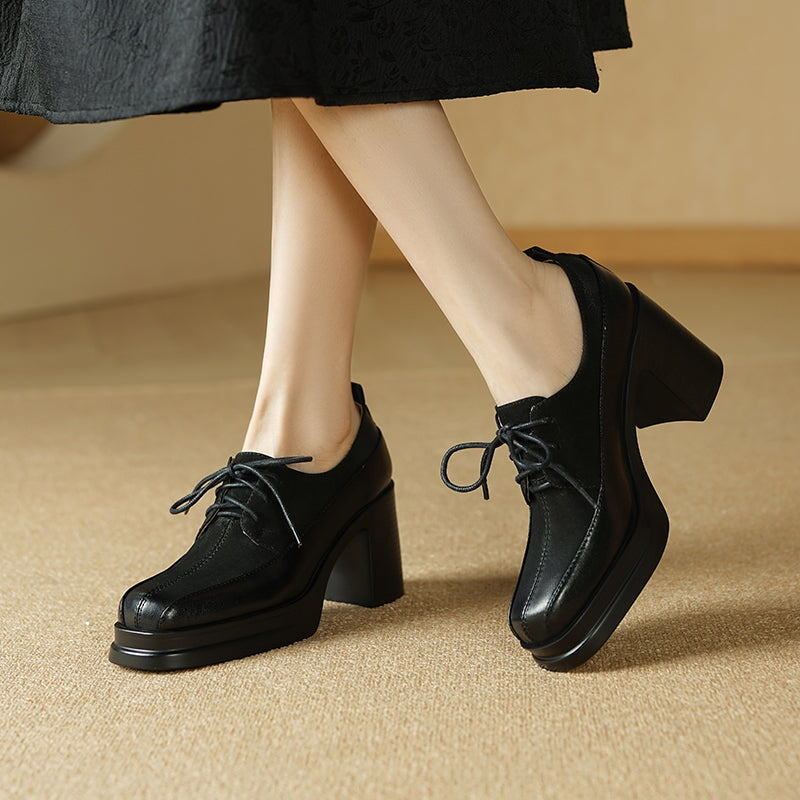 Vintage 80mm Chunky Block Heel Lace-Up Oxford Shoes for Women in Black/Brown
