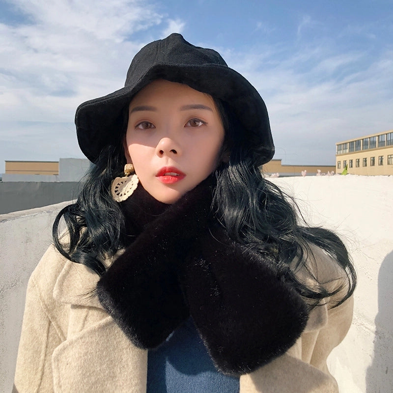 New Winter Faux Rex Rabbit Fur Scarf Women's Warm Anti-wind Necker Solid Color Cross Scarf Mao Scarf