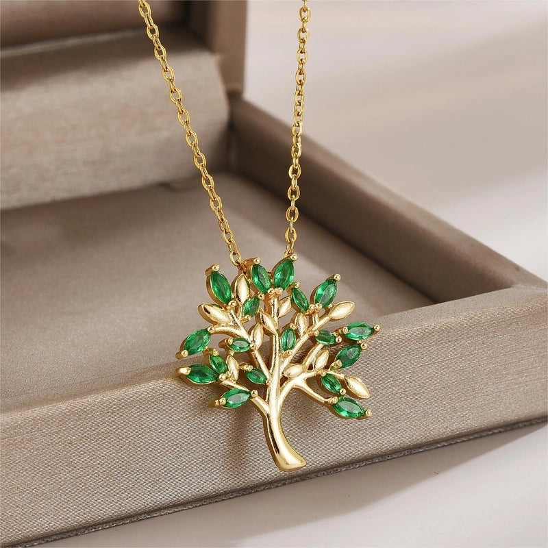 Elegant Minimalist Leaf Flower Bow Knot Titanium Steel Zircon Plating Pendant Necklace