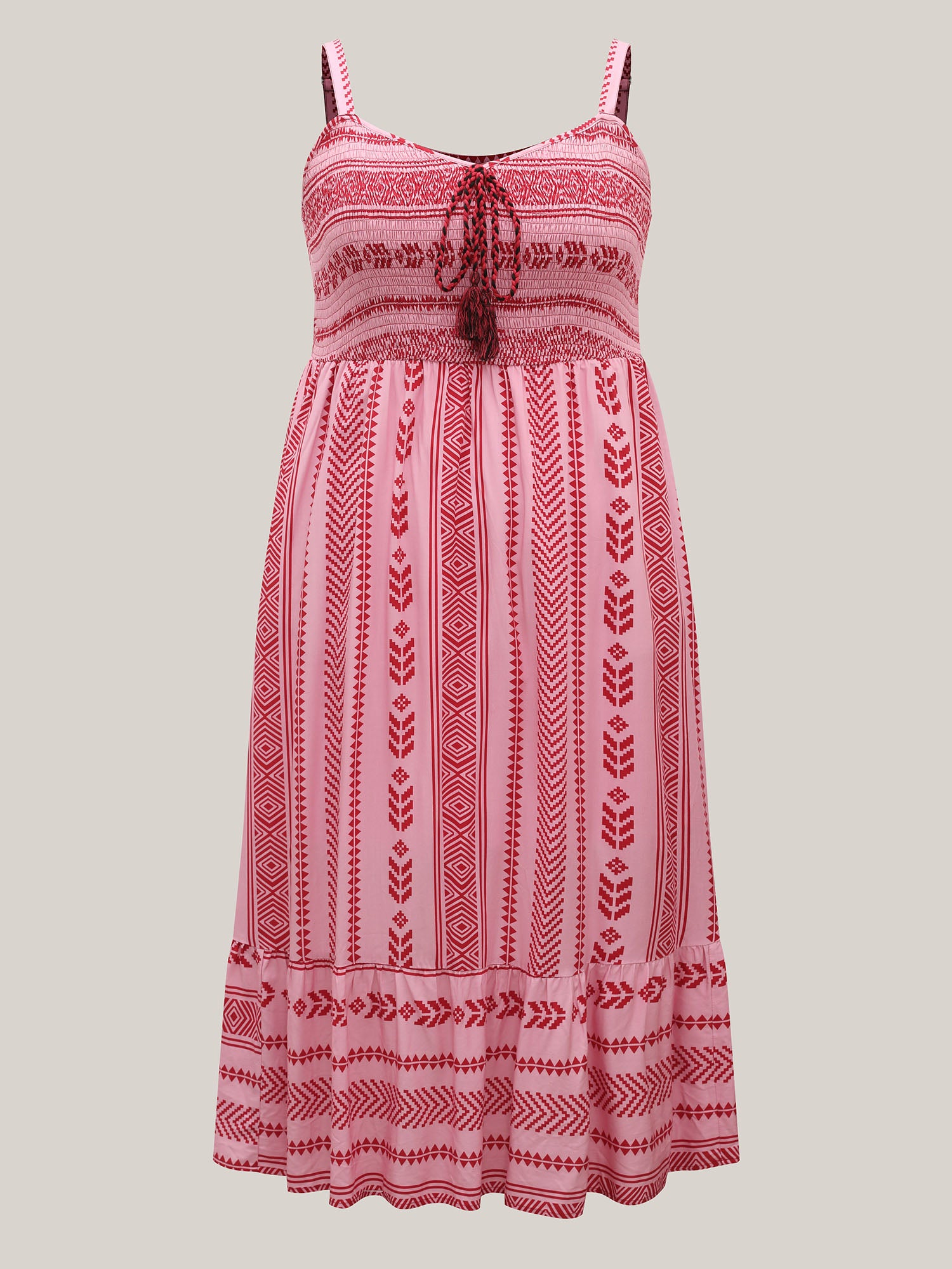 Boho Stripes Shirred Tassel Midi Dress