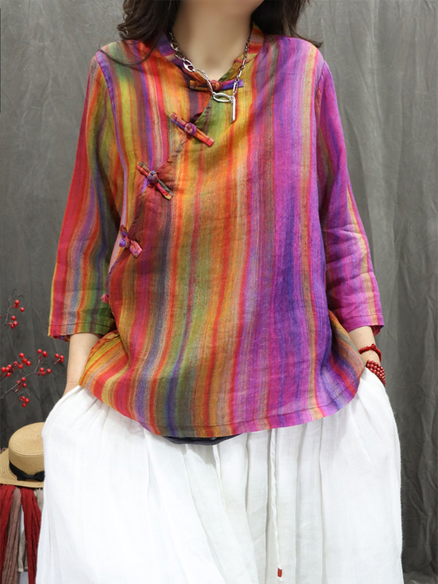 Women Summer Ethnic Stand Collar Flower 100%Ramie Shirt